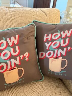 FRIENDS How You Doin’Gray Throw Pillows with Teal Piping and Red/White Lettering
